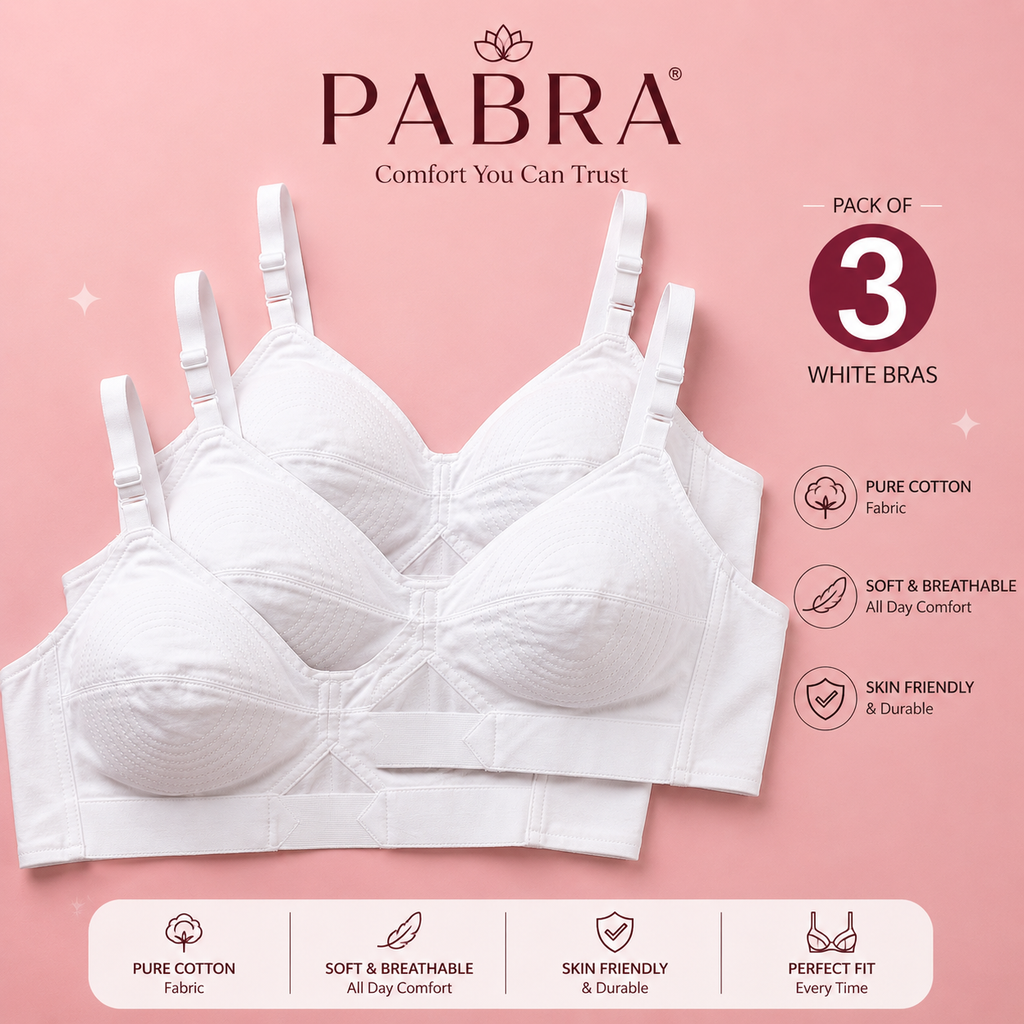 PABRA Women's  Cotton Round Stitch Daily Wear Bra (Pack of 3) – All White and Skin Colors