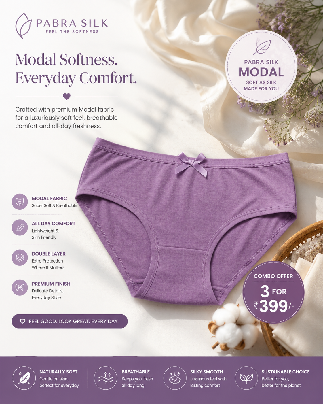 PABRA Silk Modal Panty Combo Pack of 3 | Ultra Soft Breathable Women's Briefs | Sizes 80-100 cm