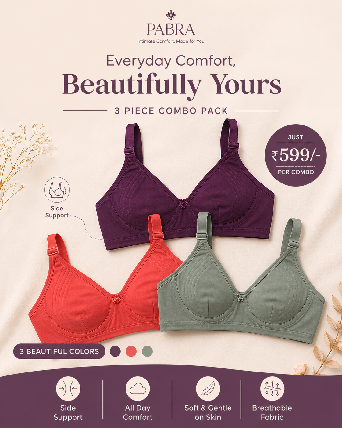 PABRA Aura Side Support Cotton Bra Combo Pack (Pack of 3) | Everyday Comfort | ₹599