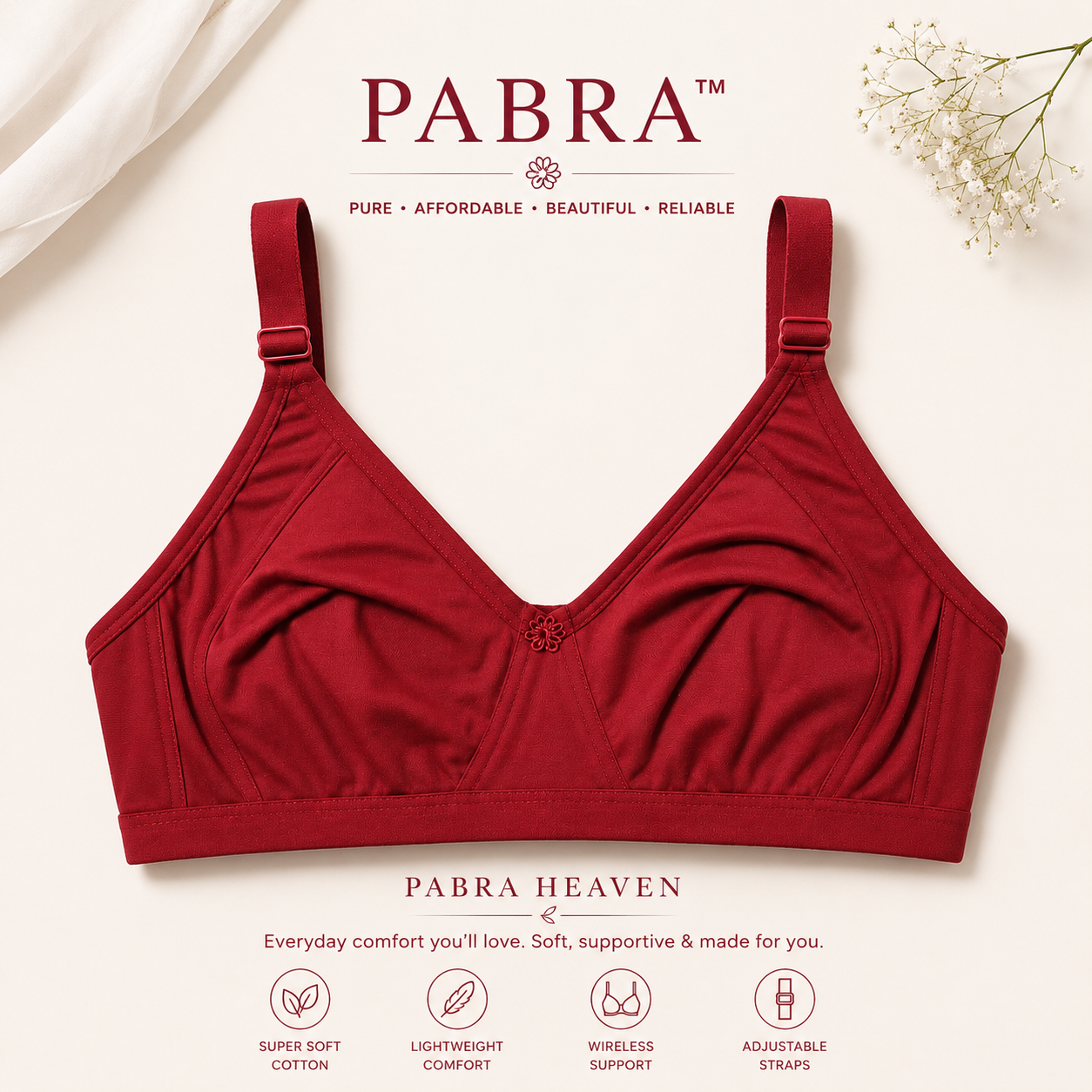 PABRA Heaven Cotton Bra Combo Pack of 3 | D & E Cup | 3-Hook Full Support Wireless Bra