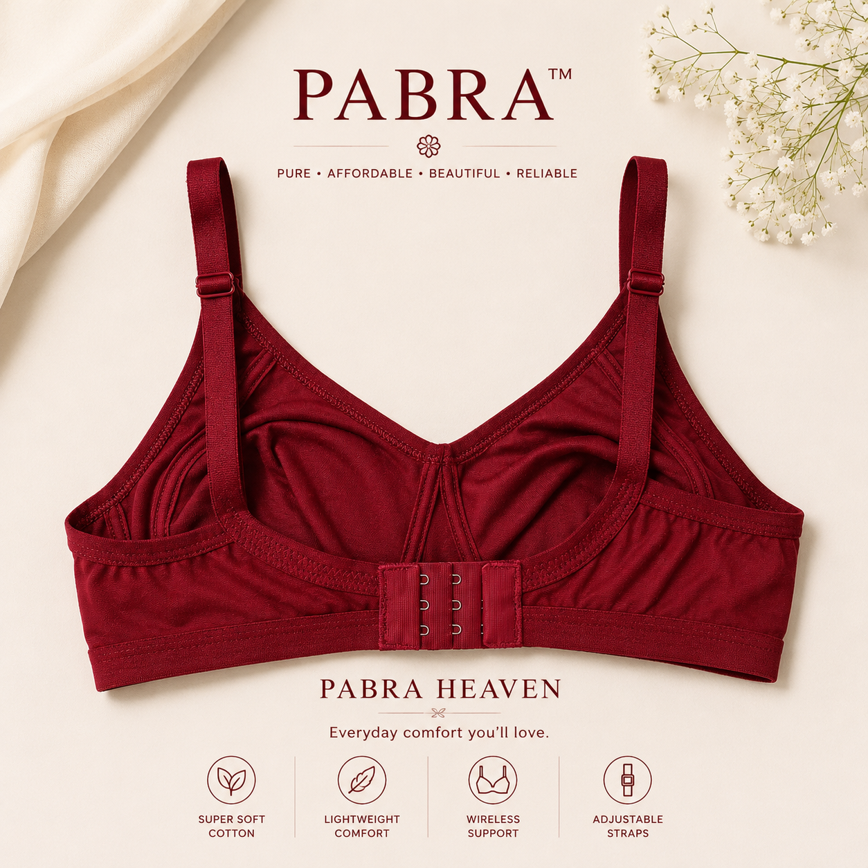PABRA Heaven Cotton Bra Combo Pack of 3 | D & E Cup | 3-Hook Full Support Wireless Bra