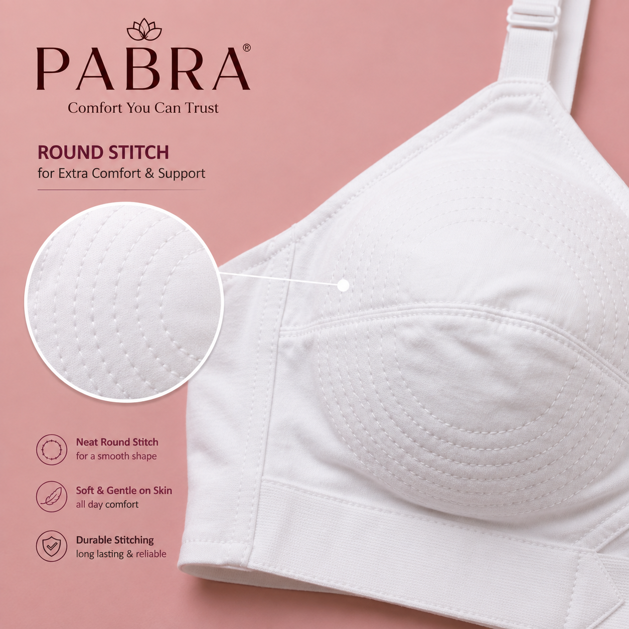 PABRA Women's  Cotton Round Stitch Daily Wear Bra (Pack of 3) – All White and Skin Colors