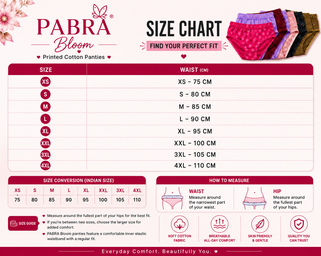 PABRA™ Bloom Women’s Printed Cotton Briefs – Pack of 6 | Soft Inner Elastic Hipsters