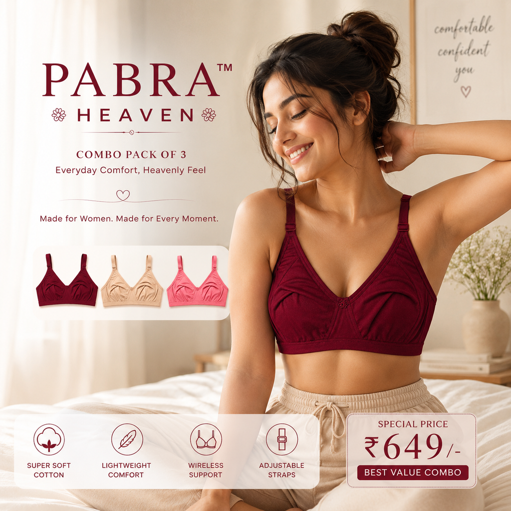 PABRA Heaven Cotton Bra Combo Pack of 3 | D & E Cup | 3-Hook Full Support Wireless Bra