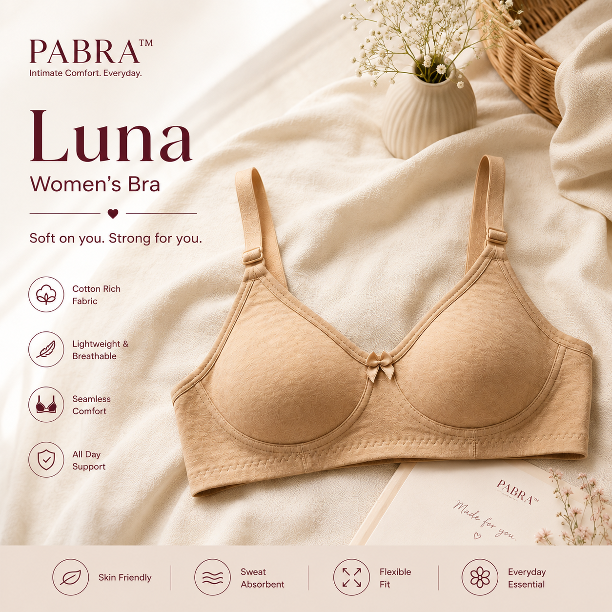 PABRA Luna™ | 3 Pieces Stretch Cotton Bra Combo Pack | Soft Everyday Comfort