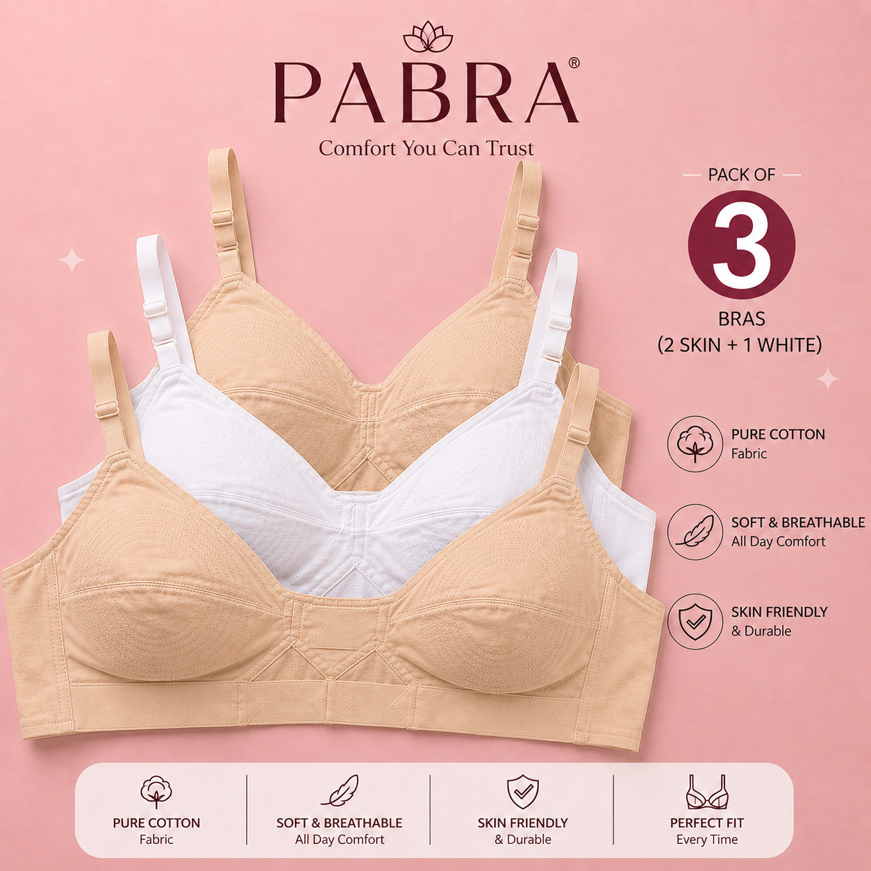 PABRA Women's  Cotton Round Stitch Daily Wear Bra (Pack of 3) – All White and Skin Colors