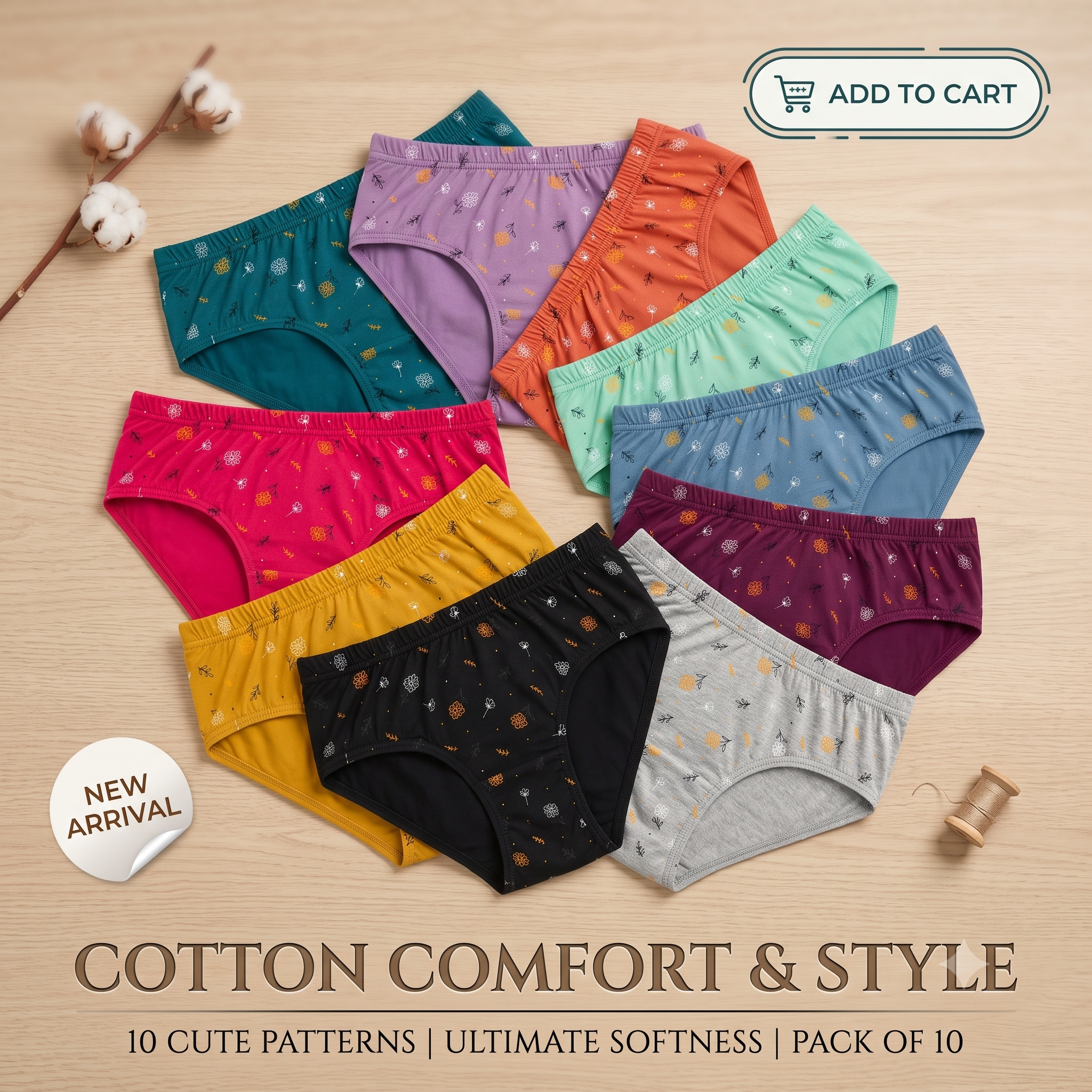 PABRA™ Bloom Women’s Printed Cotton Briefs – Pack of 10 | Soft Inner Elastic Hipsters