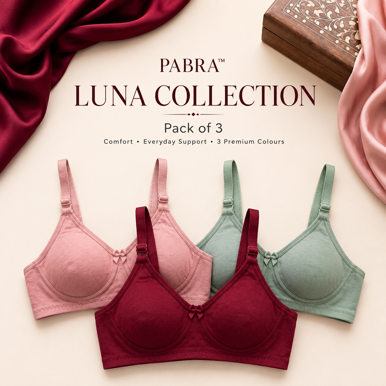 PABRA Luna™ | 3 Pieces Stretch Cotton Bra Combo Pack | Soft Everyday Comfort