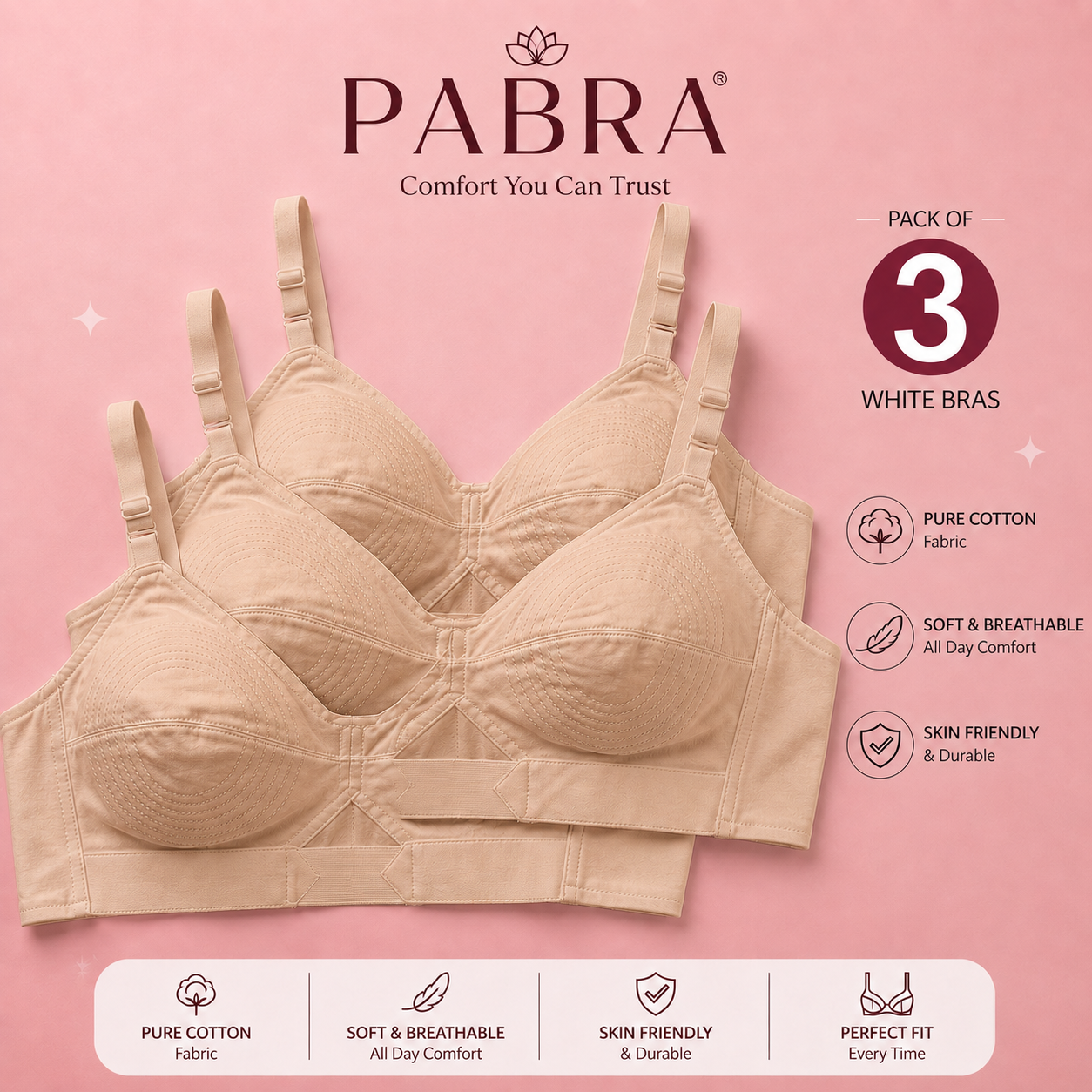 PABRA Women's  Cotton Round Stitch Daily Wear Bra (Pack of 3) – All White and Skin Colors